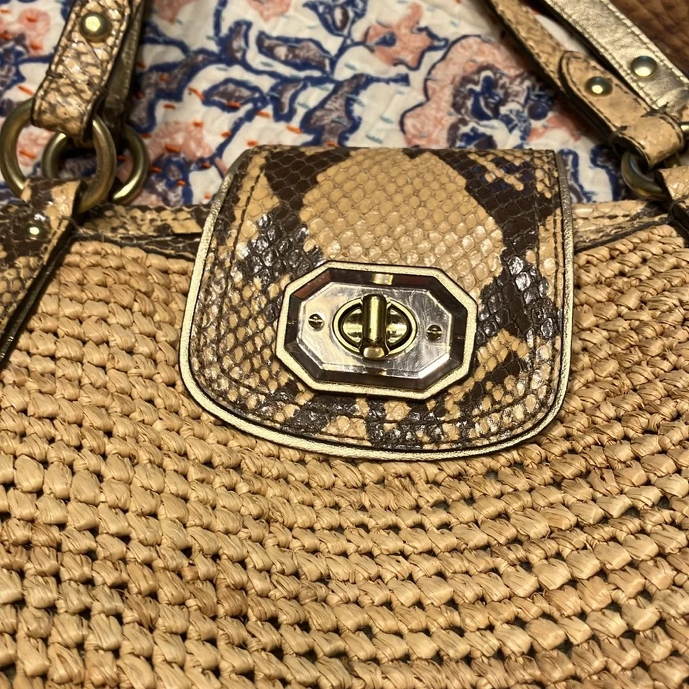 Coach straw Hampton tote python embossed leather trim Y2K beach bag EUC - Picture 4 of 11